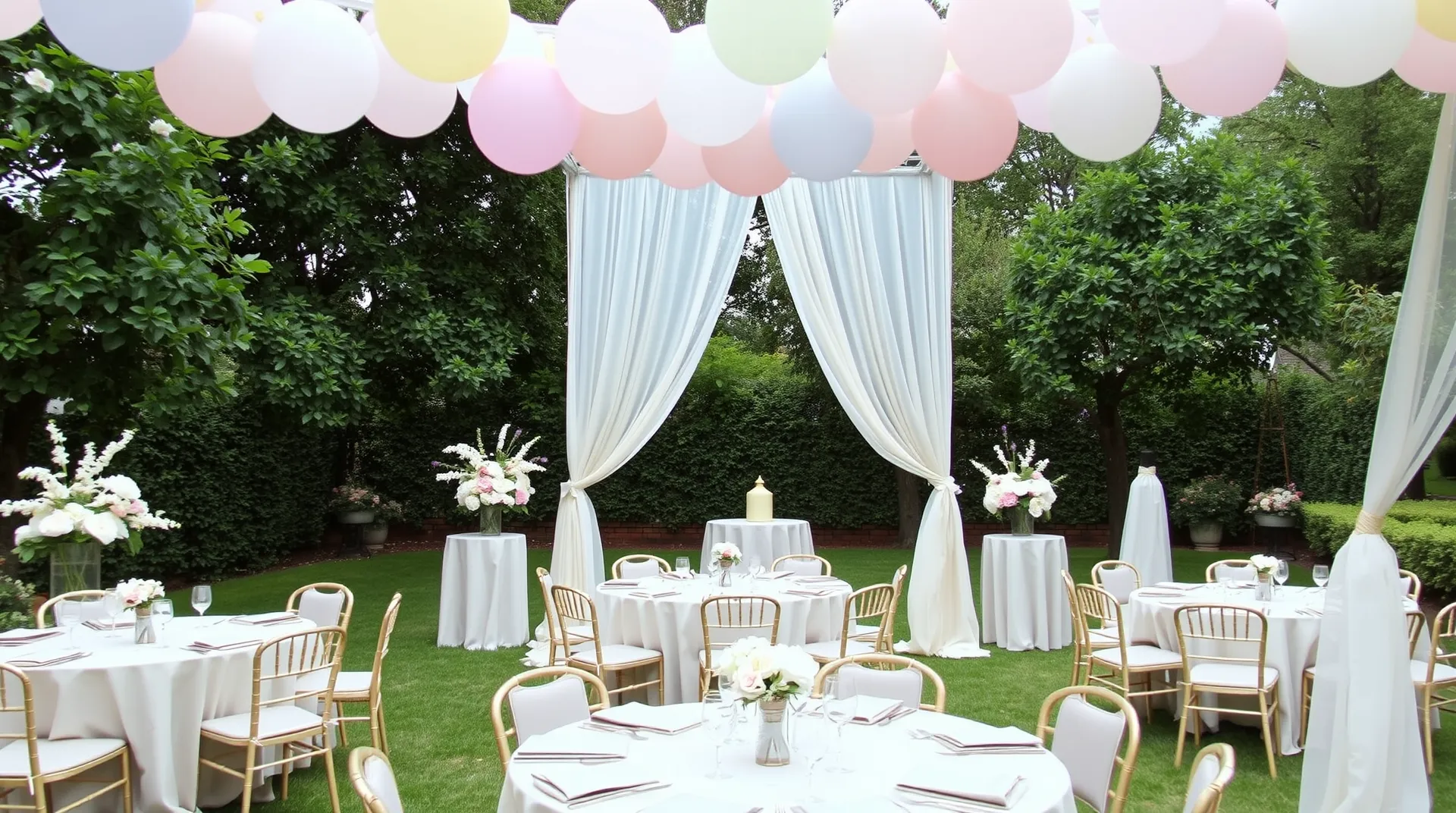 A serene outdoor setup with pastel balloon garlands, delicate floral arrangements, and soft drapery framing the space. Round tables with neutral linens and themed tableware create a cozy and welcoming atmosphere.